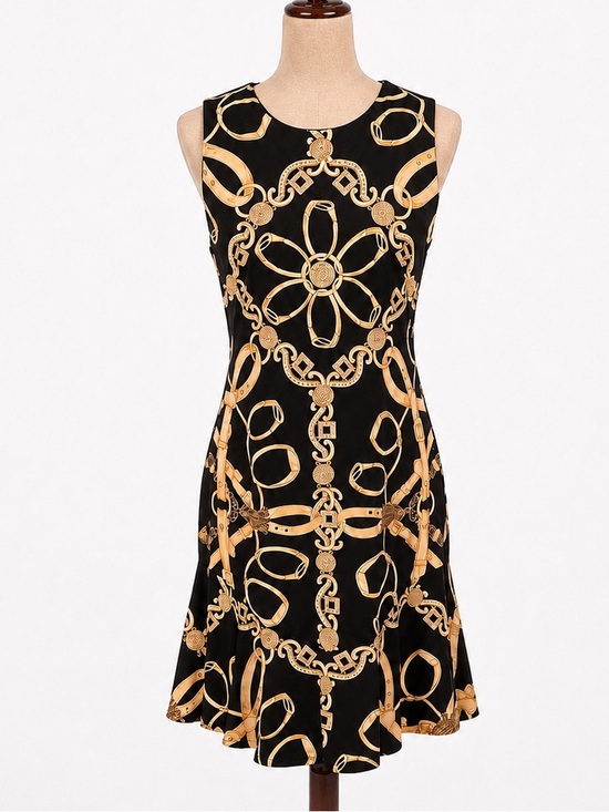 J. McLaughlin Dresses & Skirts - J. McLaughlin baroque gold and black fitted back zip dress with flouncy hem- M